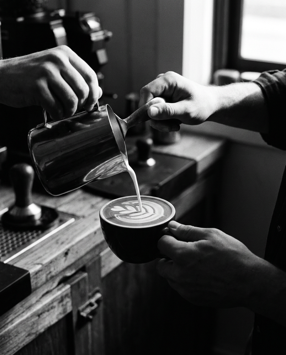 Barista pouring latte art at a private event